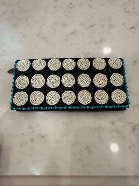 Mary Frances Spin Out Beaded Black & White Polka Dot Wallet with Turquoise Edge